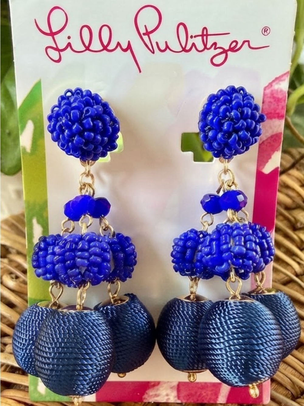 New LILLY PULITZER EARRINGS NWT BEADED CLIP ON STATEMENT ⭐️Bright NAVY/Gold